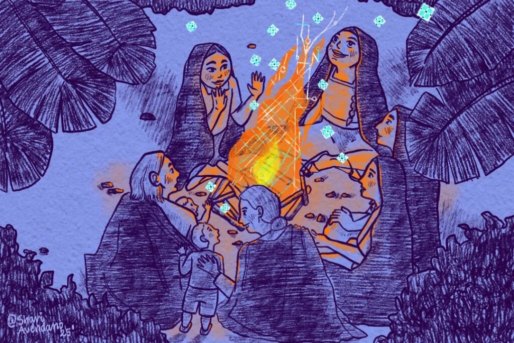 Aproximarnos a la IA como nuestras ancestras al fuego: en ronda, desde el cuidado colectivo y resguardando nuestras historias. Imagen de Shari Avendaño, ilustradora y periodista venezolana.